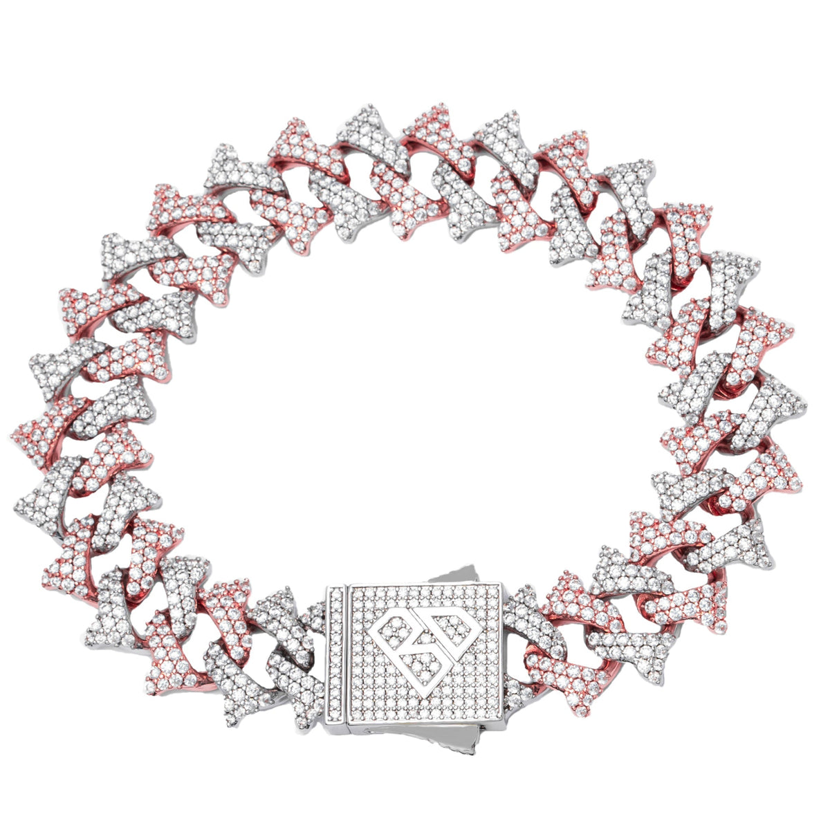 Big Daddy 18MM two-tone spiked CZ bracelet with alternating pink and white stones and box clasp