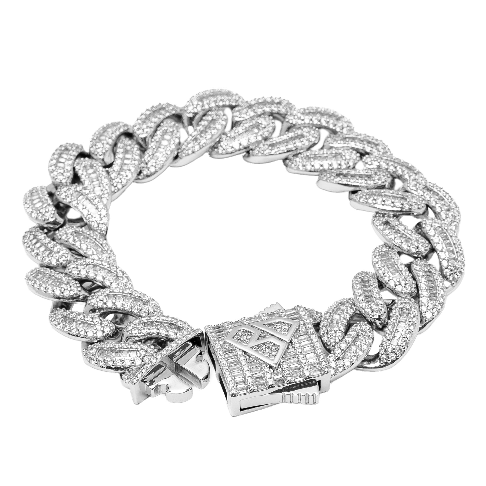 20MM baguette iced out Cuban link silver bracelet with clasp closure