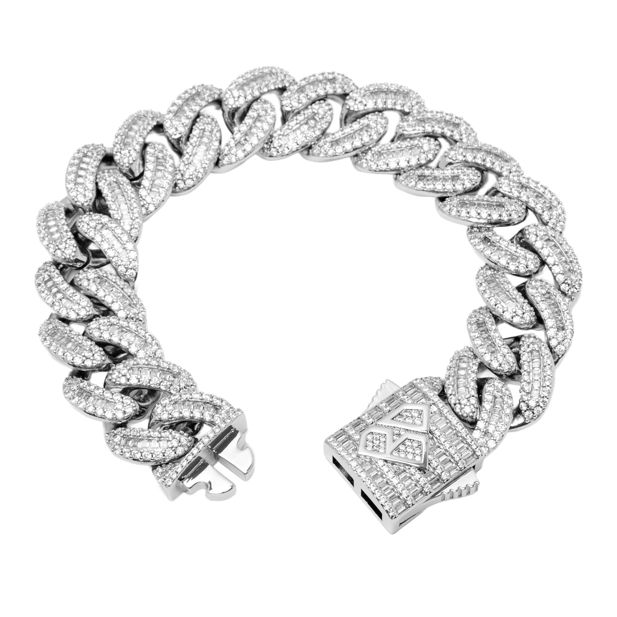 Cuban link bracelet angled view showcasing baguette diamond iced out design