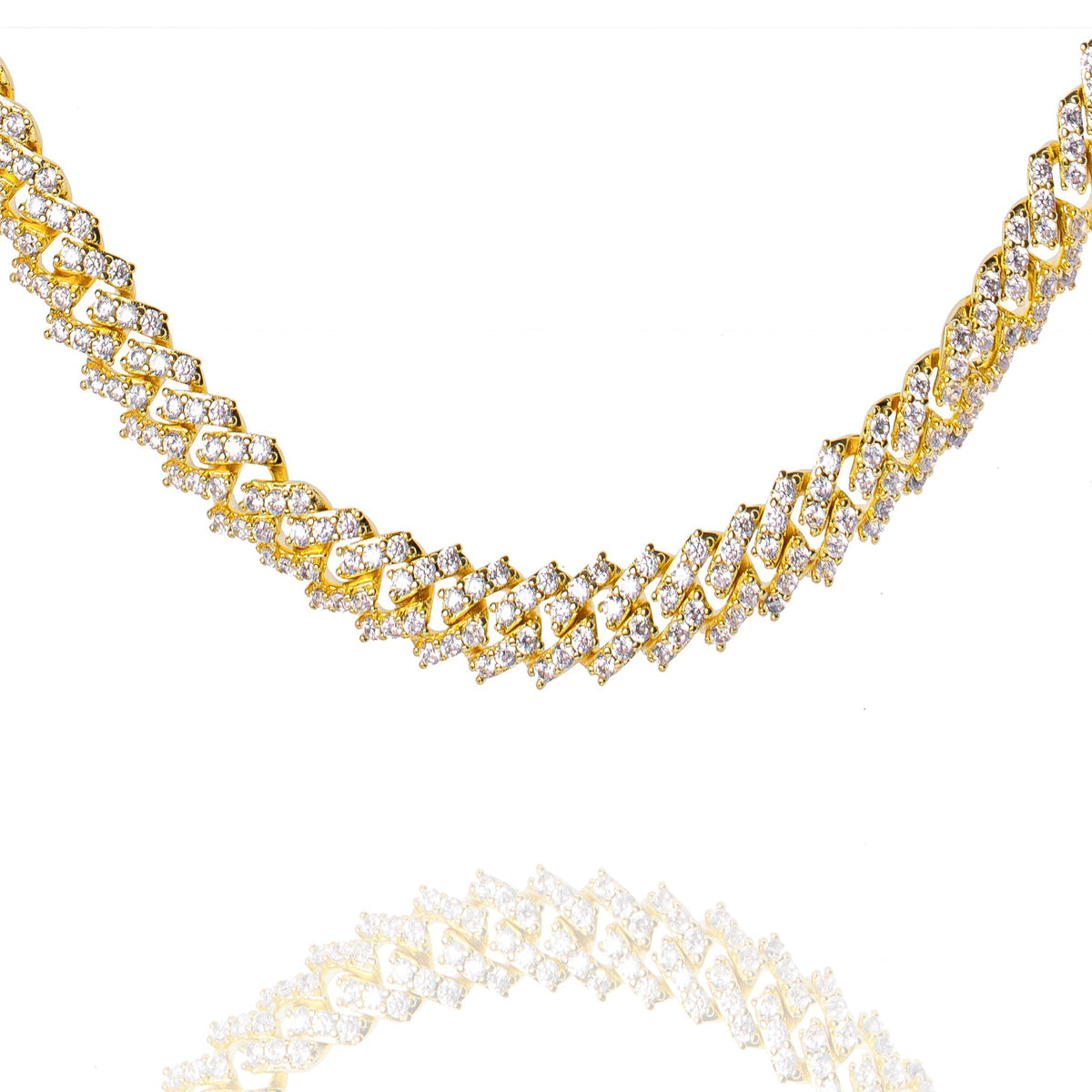 9MM gold Cuban link chain with diamond prong settings, full front view