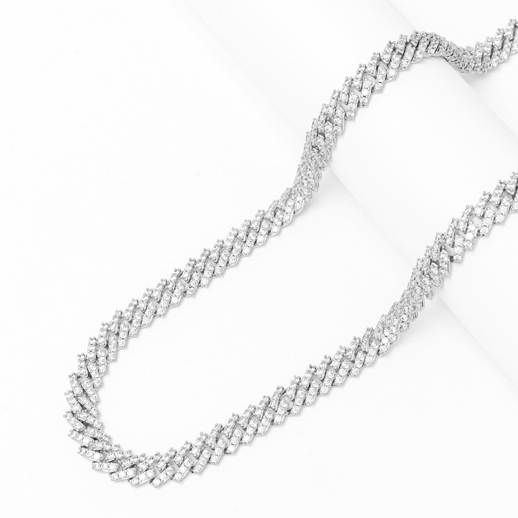 Full length view of 9MM diamond prong silver Cuban link chain