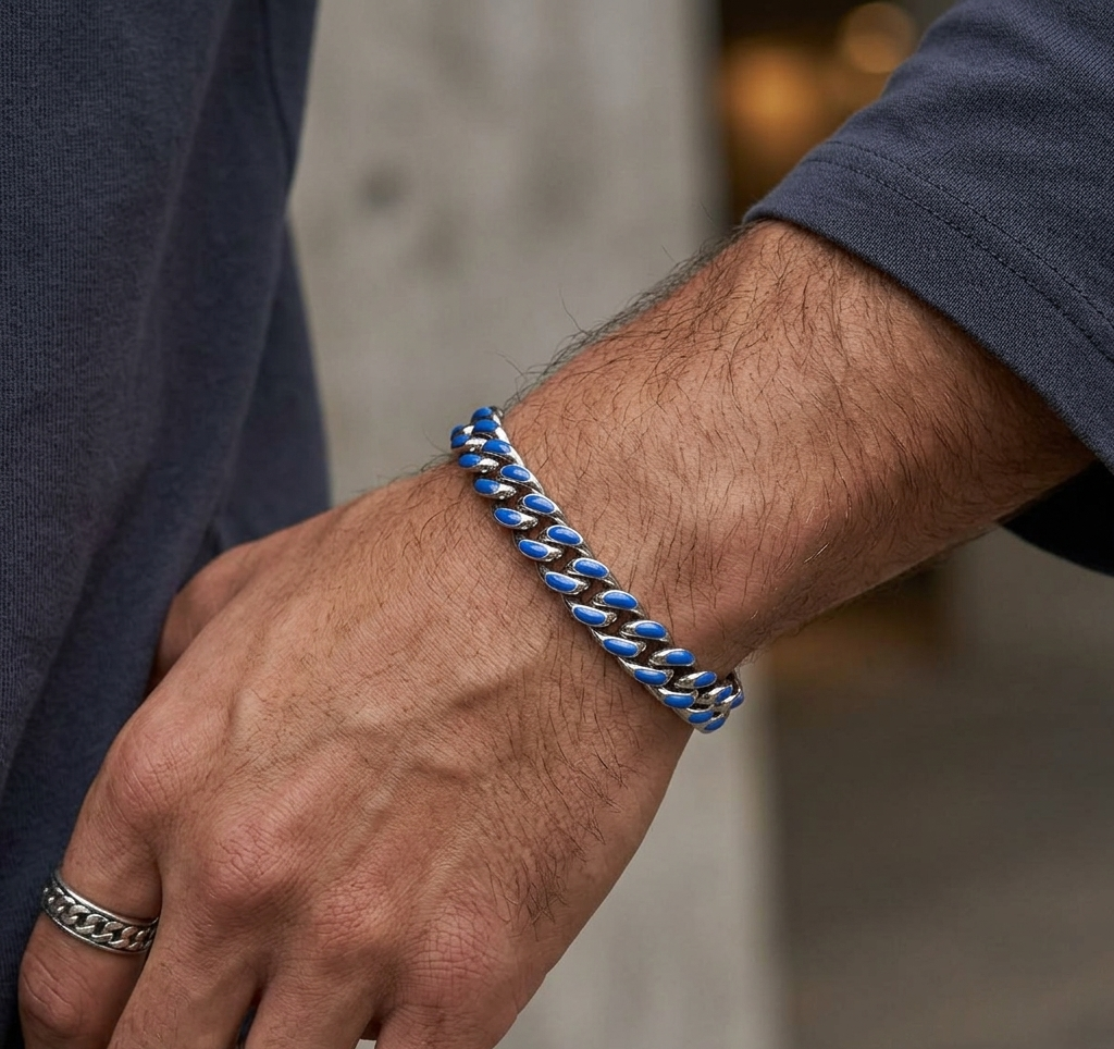Big Daddy 9MM Enamel Blue Steel Cuban Bracelet
