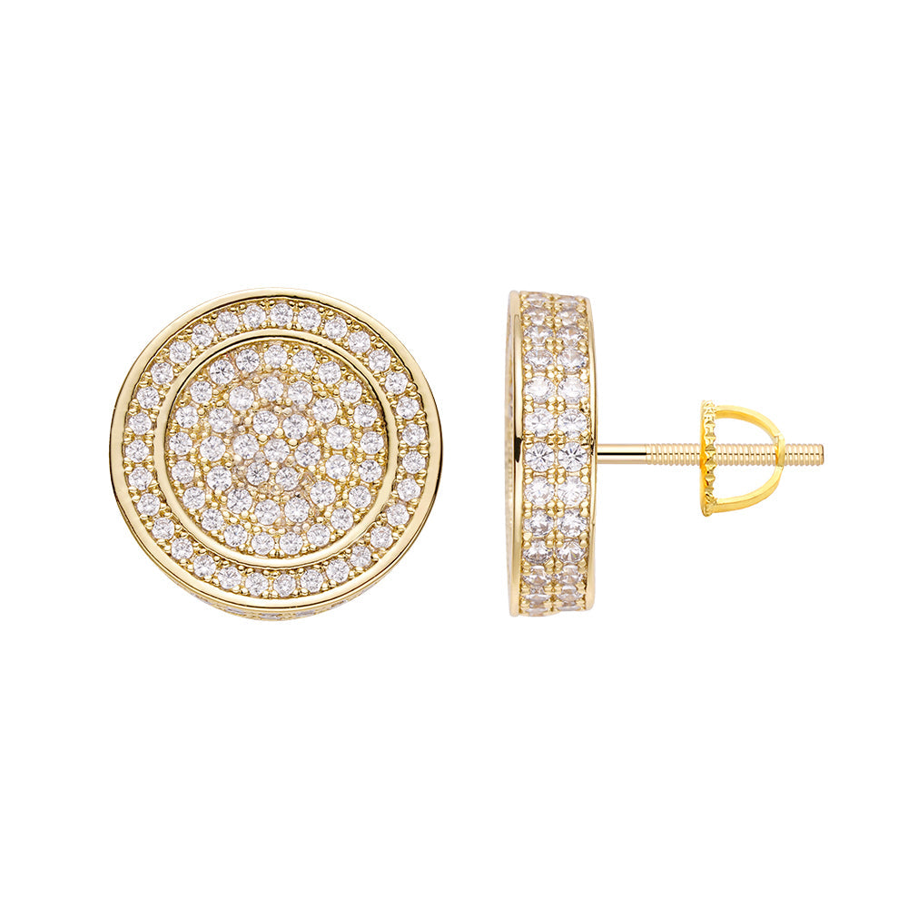 Front and side view of gold CZ pave round iced out earring with screw-back post