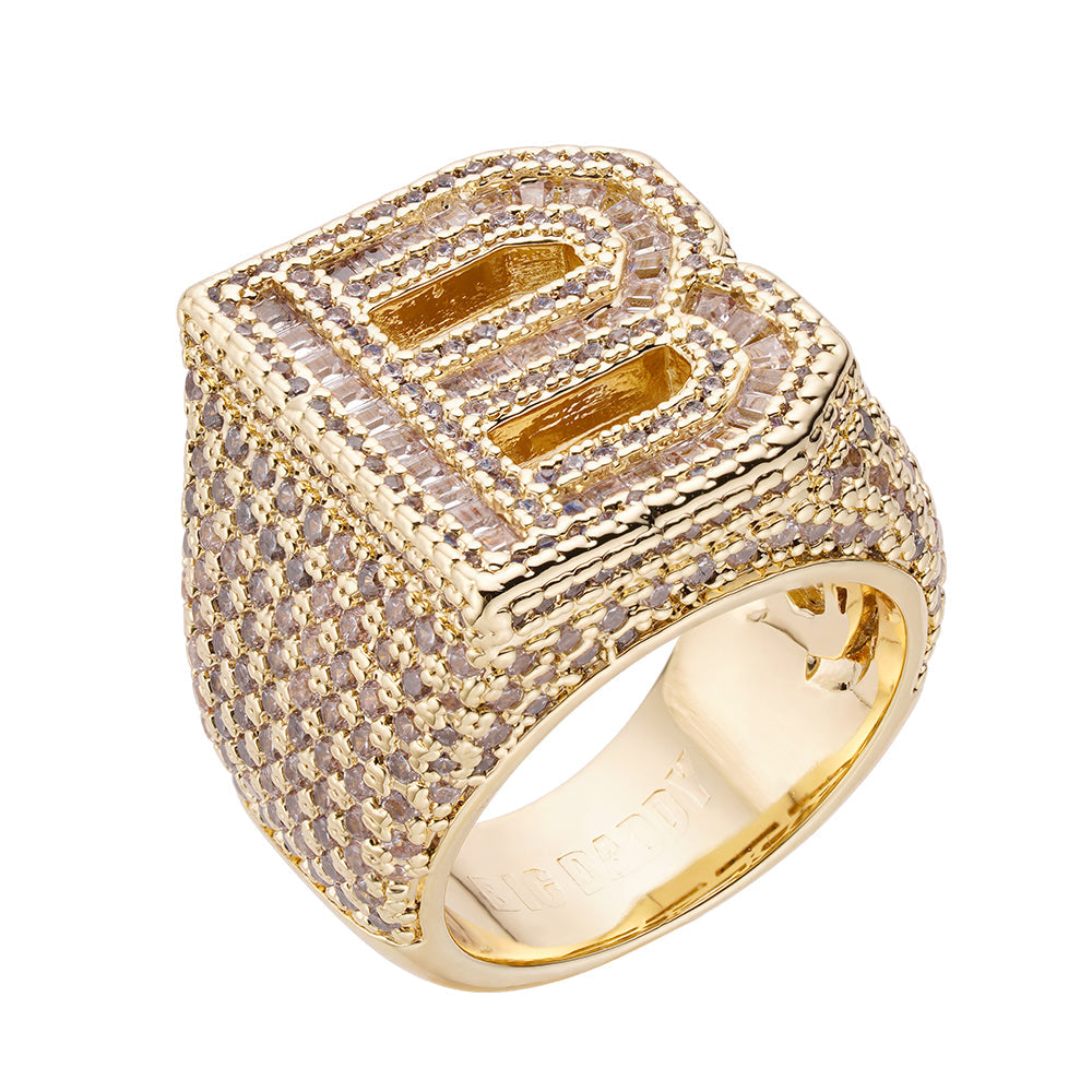 Big Daddy Bless Up baguette iced out CZ ring in 18k gold with pave CZ setting