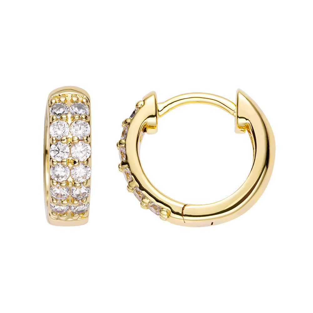 Gold diamond loop earring with iced-out cubic zirconia stones, shown from angled view
