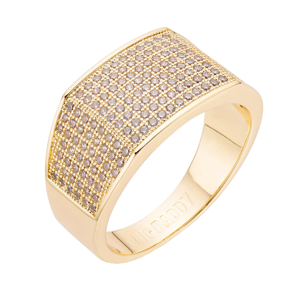 Gold men's ring with CZ pave top surface and smooth polished band