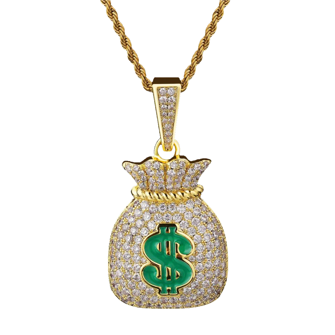 Gold iced out money bag pendant with green enamel dollar sign and cubic zirconia on chain
