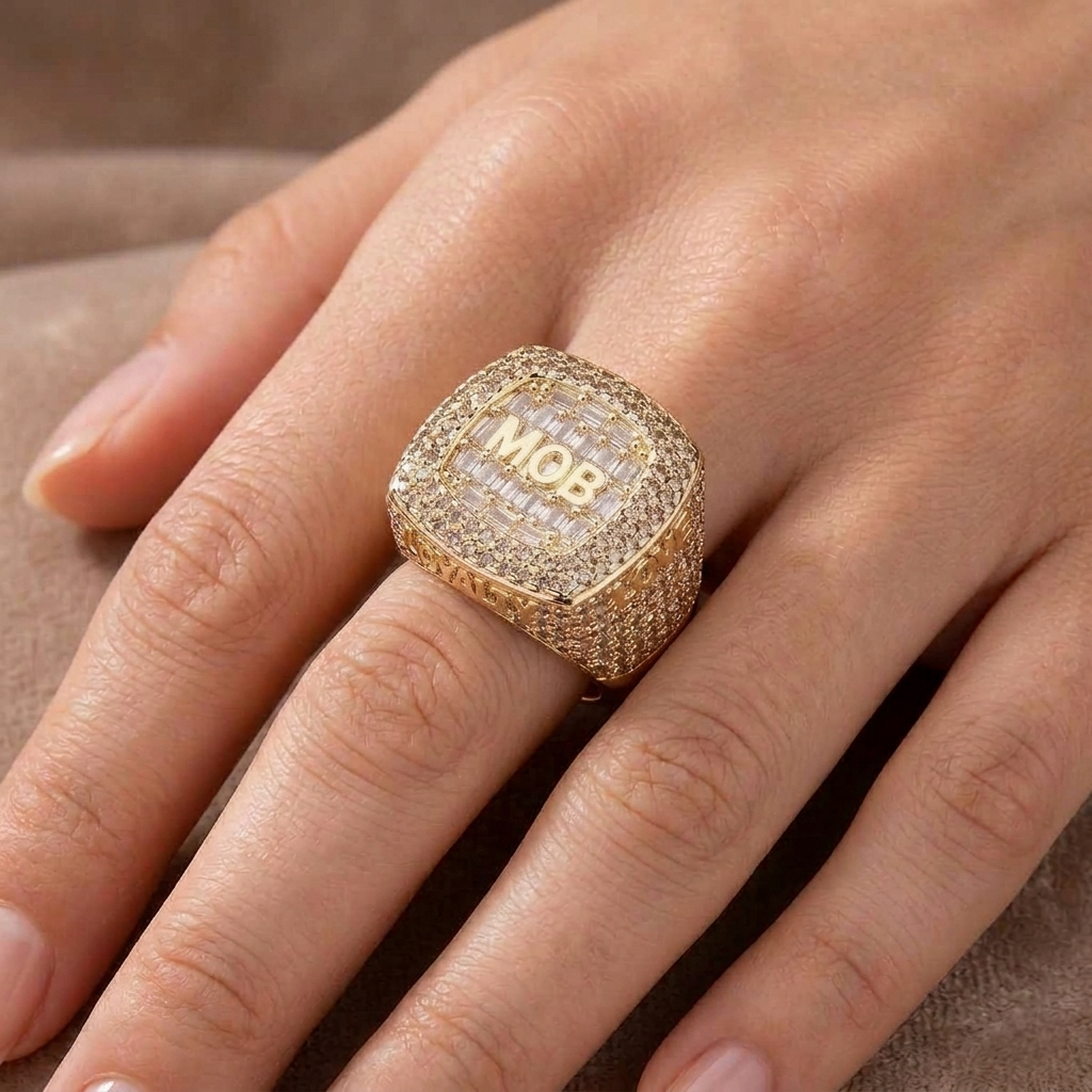 Big Daddy MOB iced out ring worn on finger showing full design