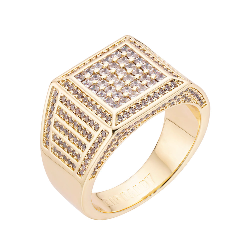 Gold Big Daddy square CZ iced out ring with cubic zirconia stones