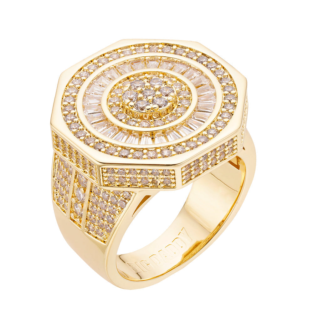 Gold octagonal baguette diamond ring with pave iced-out round face and geometric sides