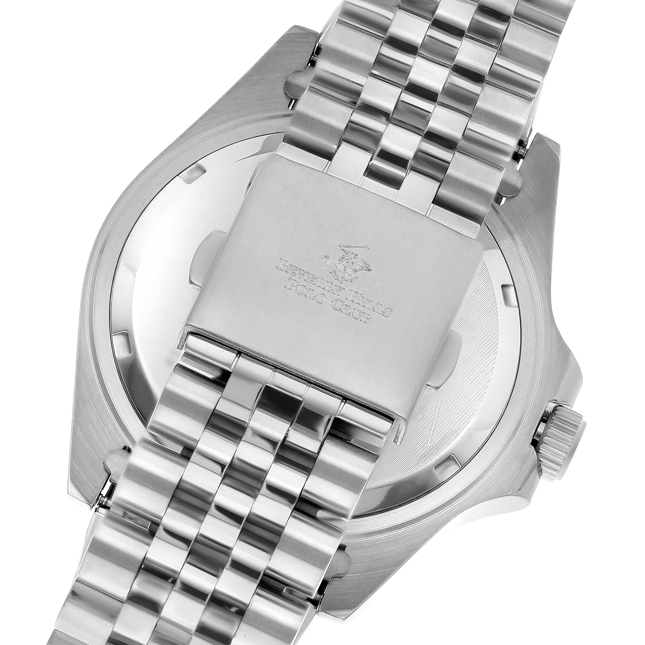 Caseback of BP3126X.390 Beverly Hills Polo Club watch with stainless steel engraved plate and bracelet