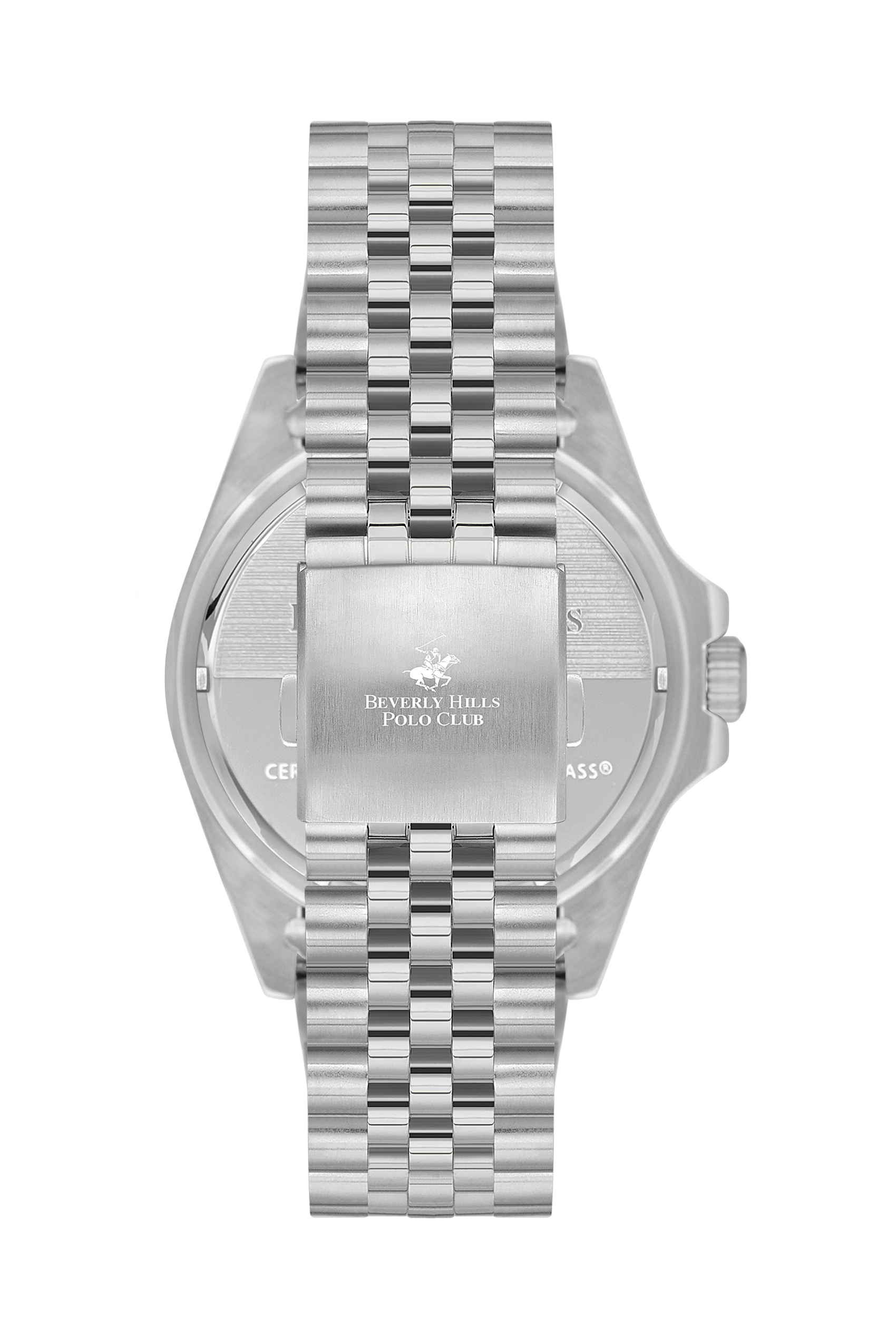 BP3126X.390 Beverly Hills Polo Club waterproof watch worn, displaying silver bracelet and dark blue dial