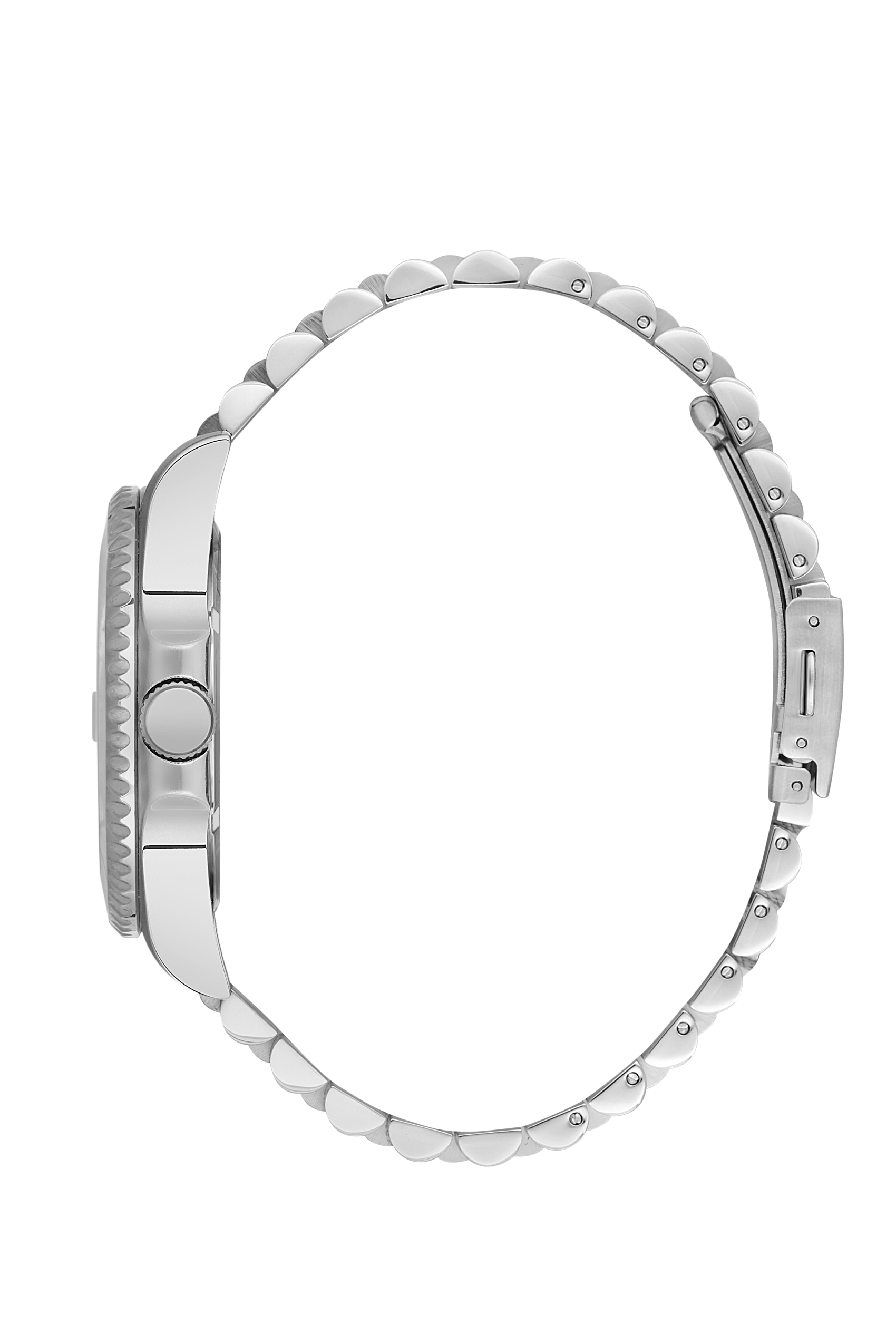 Side view of BP3126X.390 watch showing silver-tone stainless steel three-link bracelet and case profile