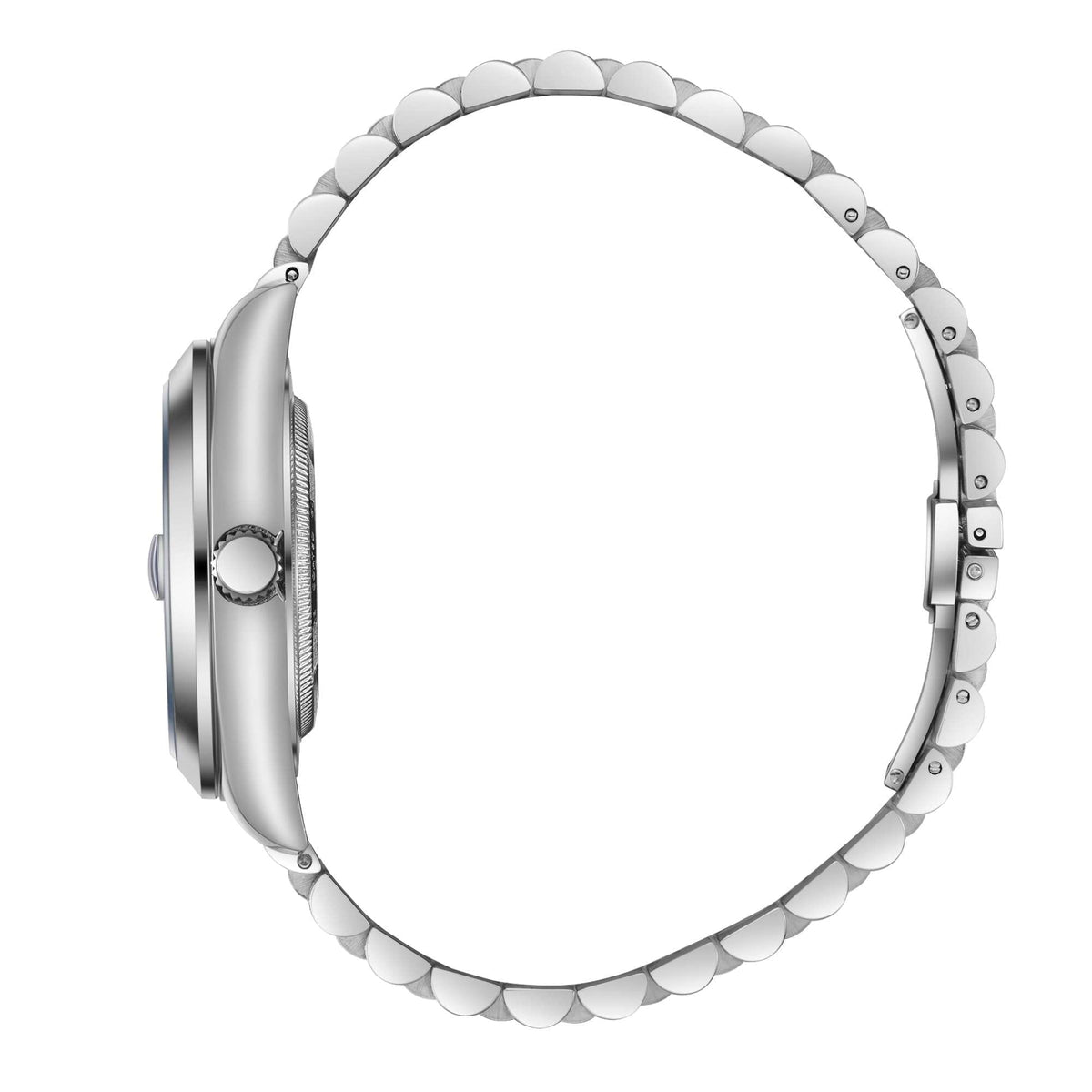 Side profile of silver stainless steel watch case and link bracelet