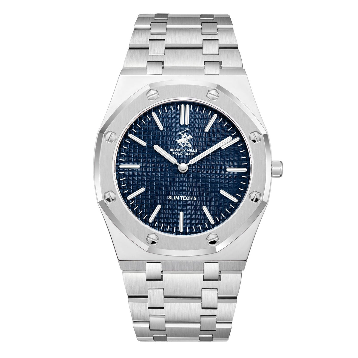 Beverly Hills Polo Club Slim Tech 5 silver watch with blue dial and white indices