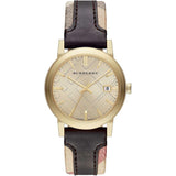 Burberry Men’s Swiss Made Quartz Black Check Stamped Leather Strap Gold Dial Men's Watch  BU9032 - Big Daddy Jewelry