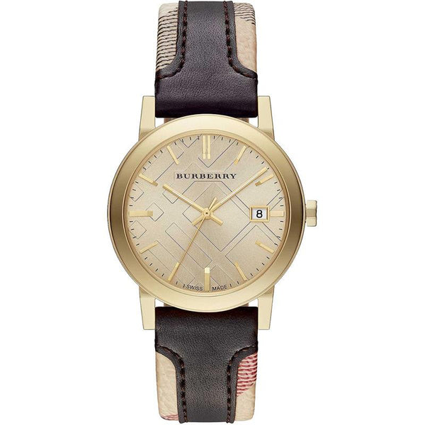 Burberry Men’s Swiss Made Quartz Black Check Stamped Leather Strap Gold Dial Men's Watch  BU9032 - Big Daddy Jewelry
