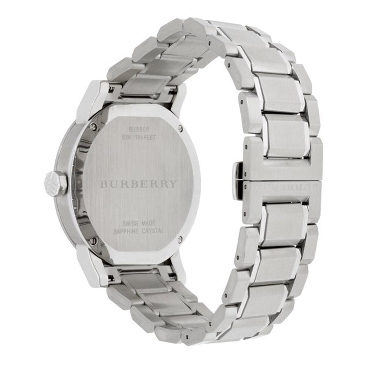 Burberry The City watch shown from side displaying stainless steel bracelet and caseback engravings