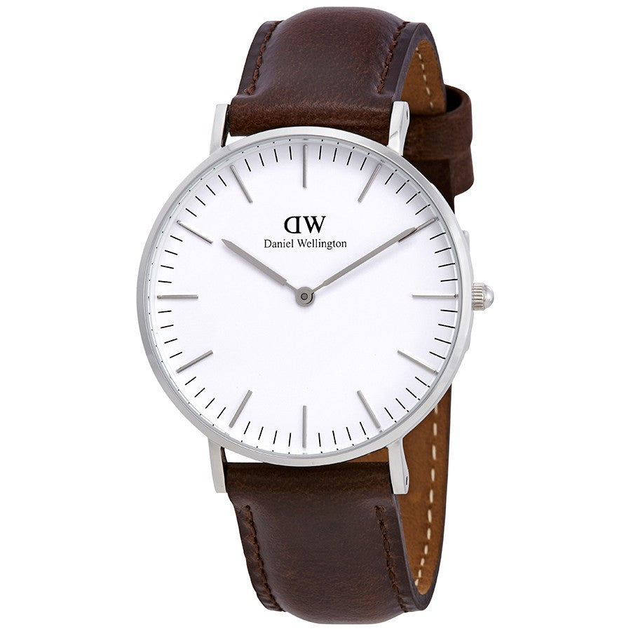 Daniel Wellington Classic Bristol 36mm White Dial Dark Brown Genuine Leather Silver Watch - DW00100056