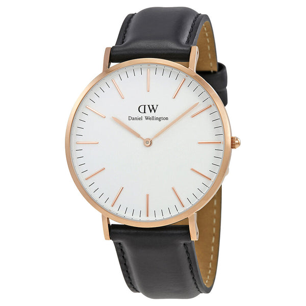 Daniel Wellington Sheffield 40mm White Dial Black Genuine Leather Men's Gold Watch - DW00100007