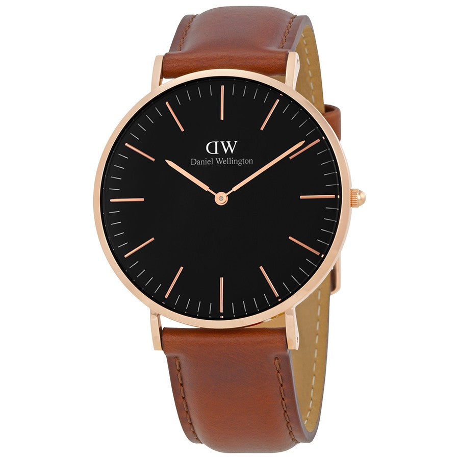 Daniel Wellington St Mawes 40mm Black Dial Brown Genuine Leather Men's Gold Watch - DW00100124