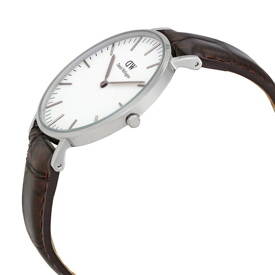 Daniel Wellington York 36mm White Dial Black Genuine Leather Silver Watch - DW00100055