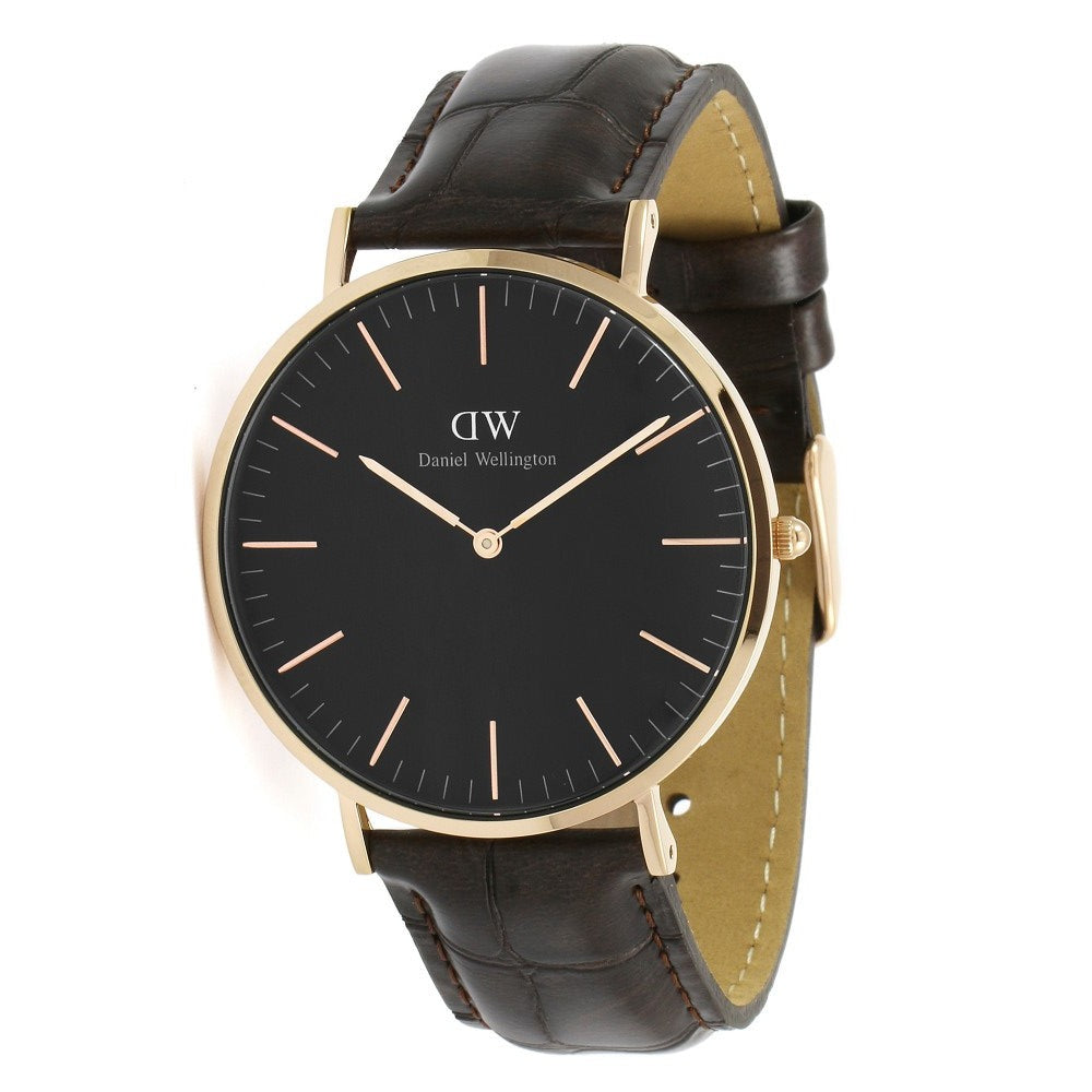 Daniel Wellington York 40mm Black Dial Black Genuine Leather Men's Gold Watch - DW00100128
