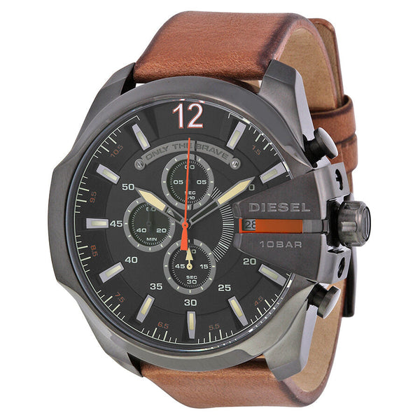 Diesel Mega Chief Black Dial Brown Leather Men's Quartz Watch #DZ4343 - Big Daddy Jewelry