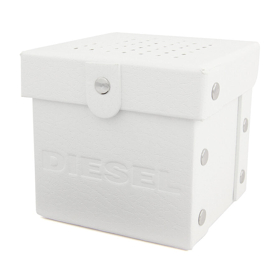 White Diesel watch box packaging with button closure