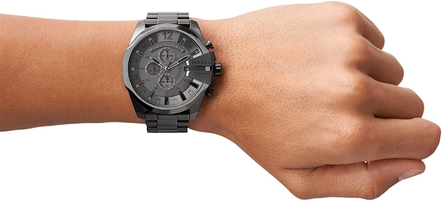 Diesel Mega Chief watch worn on wrist showing grey dial and gunmetal finish