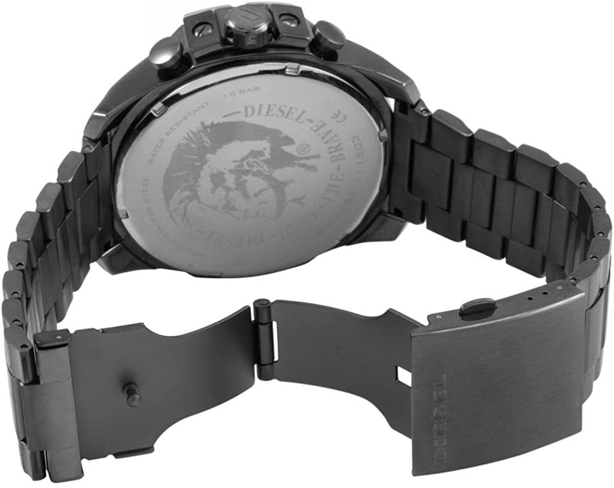 Angled view of Diesel Mega Chief chronograph with gunmetal bracelet and case