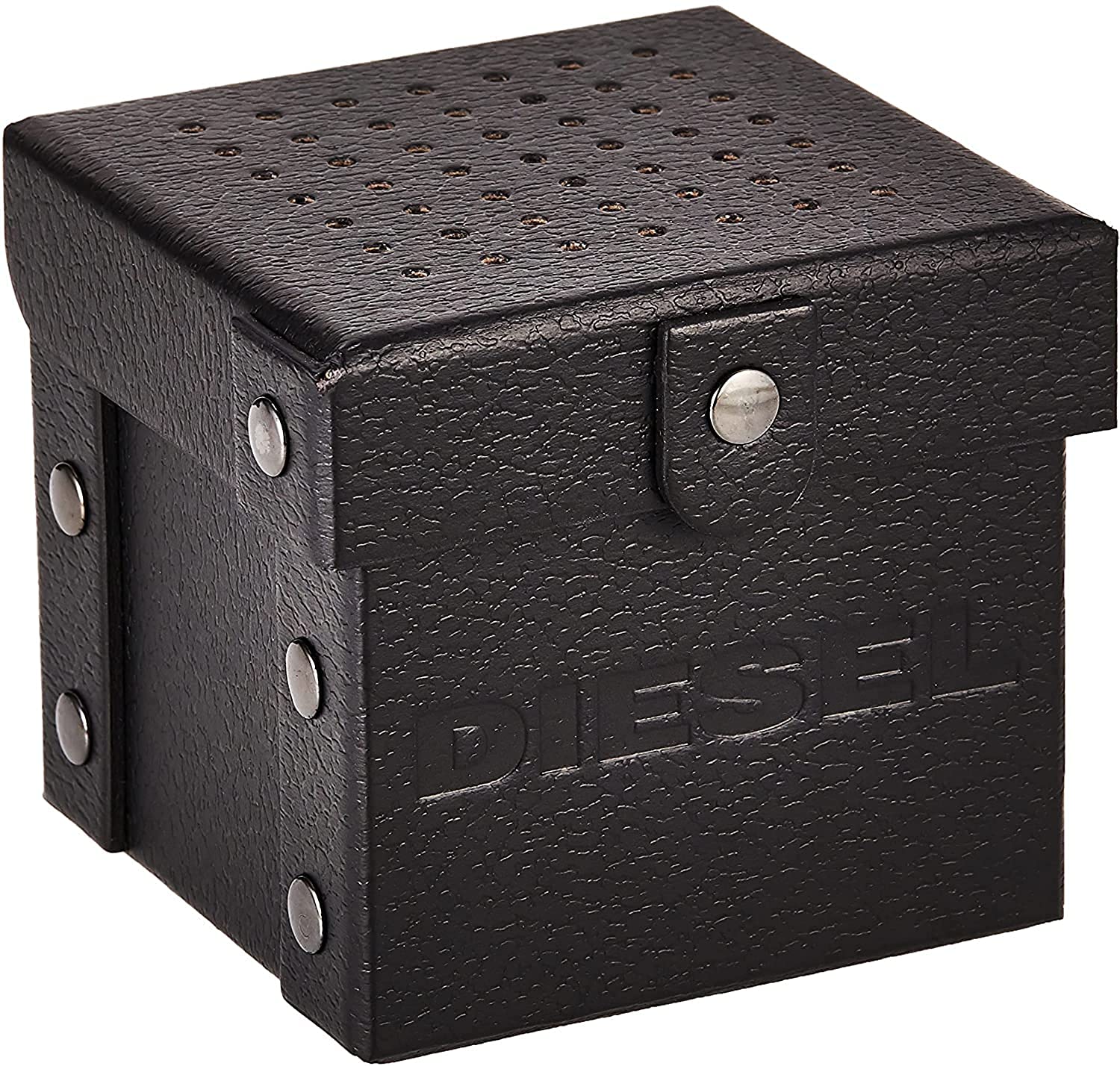 Black Diesel watch box with embossed logo and button closure