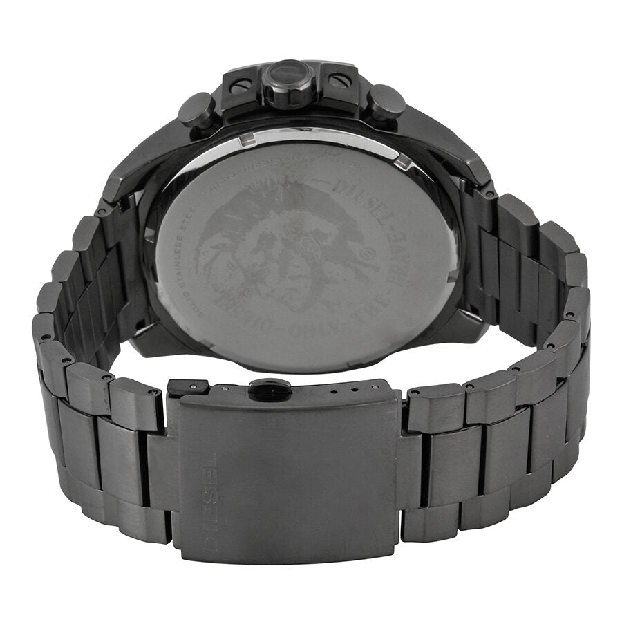 Diesel Mega Chief watch caseback showing gunmetal stainless steel bracelet and case