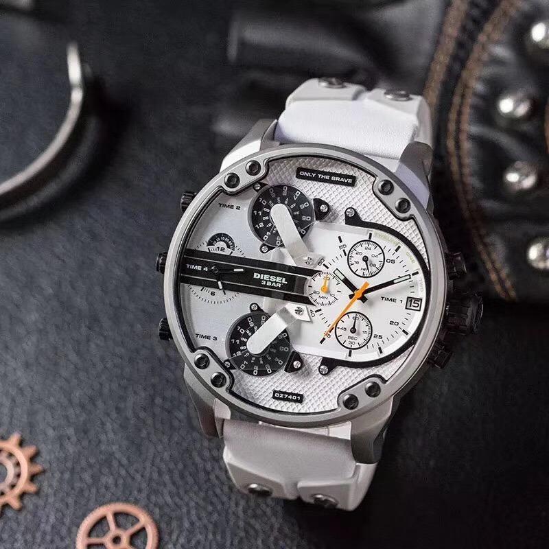 Diesel Mr Daddy 2.0 DZ7401 watch at angle showing white rubber strap and chronograph dial