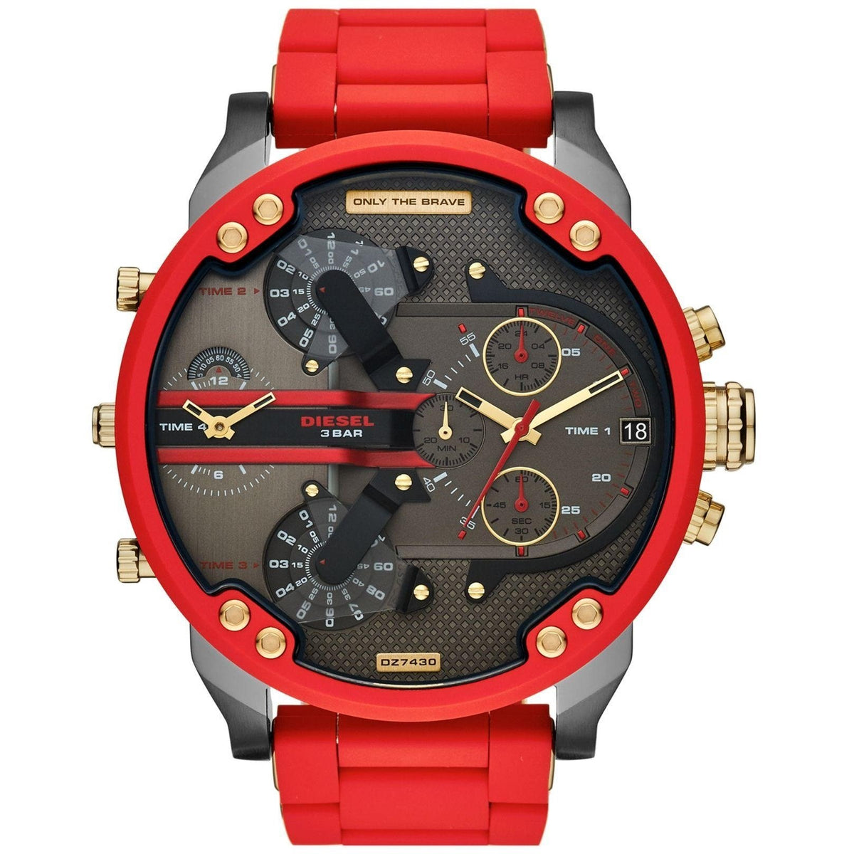 Diesel Mr Daddy 2.0 watch with red case, black dial, dual time displays, and red strap