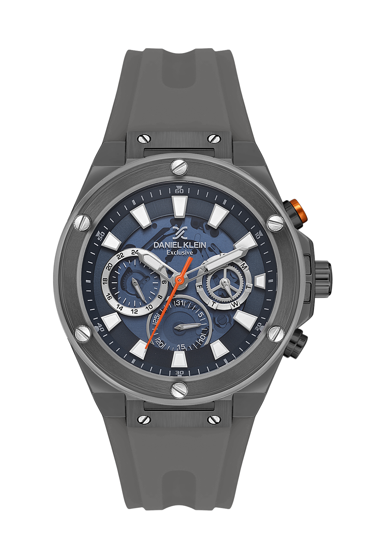 Daniel Klein Exclusive skeleton dial chronograph watch with blue face and grey silicone strap