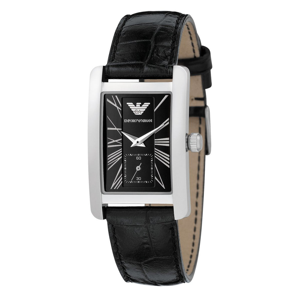 Front view of Emporio Armani AR0144 with rectangular black dial and Roman numerals