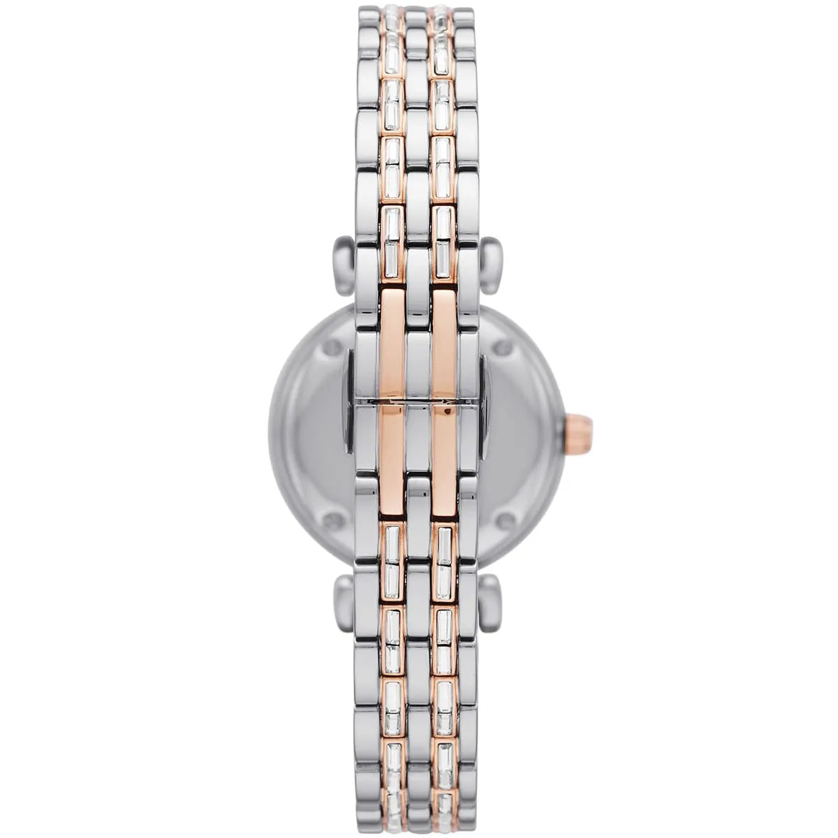 Caseback view of AR11290 showing stainless steel and rose gold two-tone design