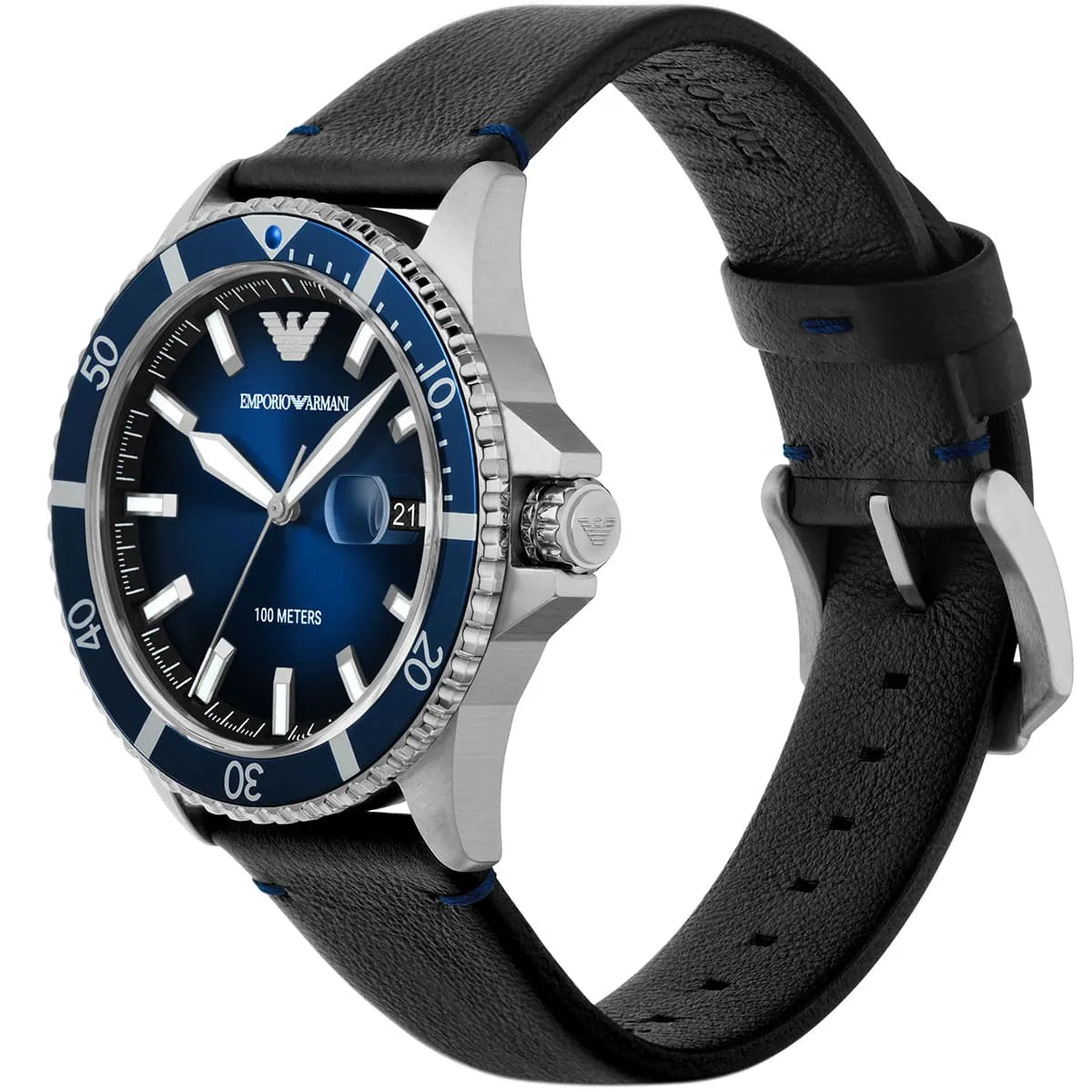 Emporio Armani AR11516 watch at angle showing silver case and black leather strap with blue accents