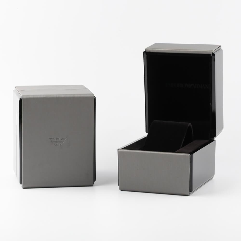 Emporio Armani AR11579 watch presentation box with gray exterior and black interior
