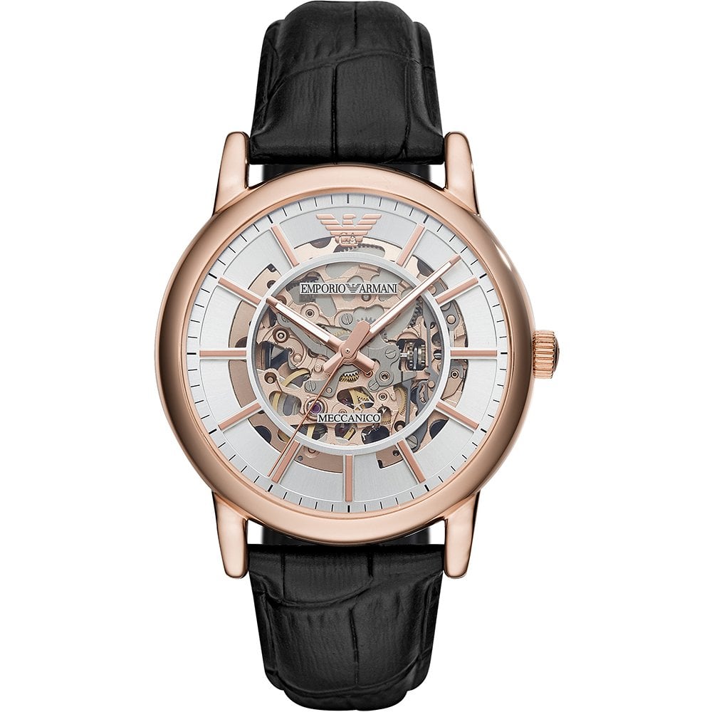 Emporio Armani automatic skeleton dial men's watch with rose gold case and black leather strap