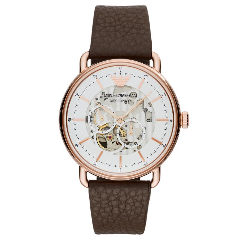 Rose gold automatic watch with white skeleton dial and brown leather strap