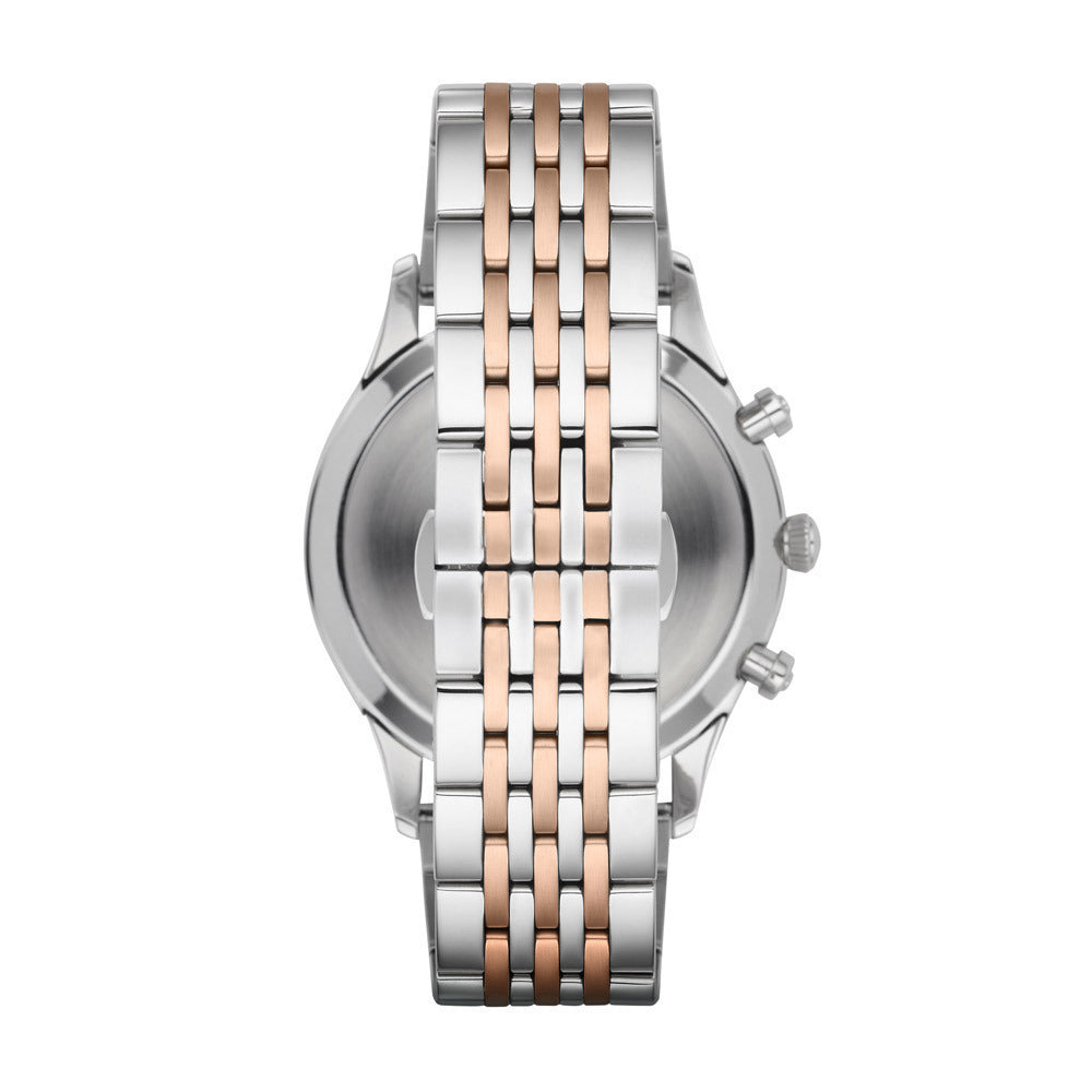 Two-tone stainless steel bracelet and case back of Emporio Armani Beta chronograph watch