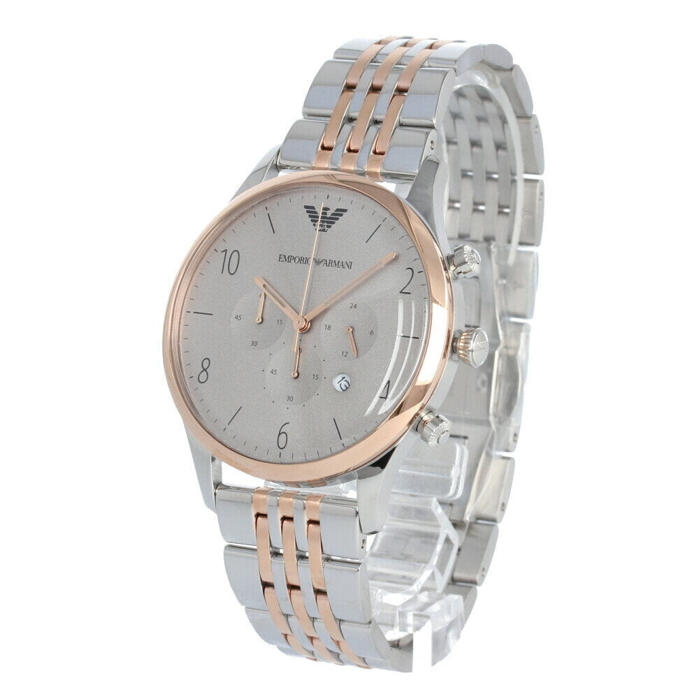 Emporio Armani Beta chronograph watch with grey dial, angle view showing two-tone design