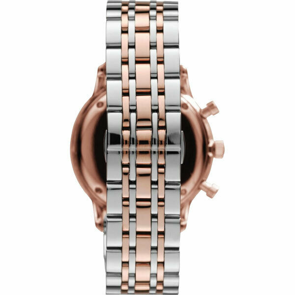 Side view of Emporio Armani Gianni watch showing rose gold case and metal strap