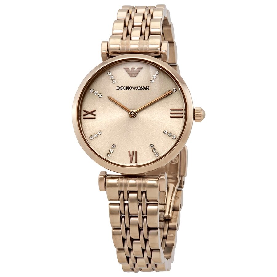 Emporio Armani Gianni T-Bar women's watch with rose-gold case, crystal rose dial, and matching bracelet