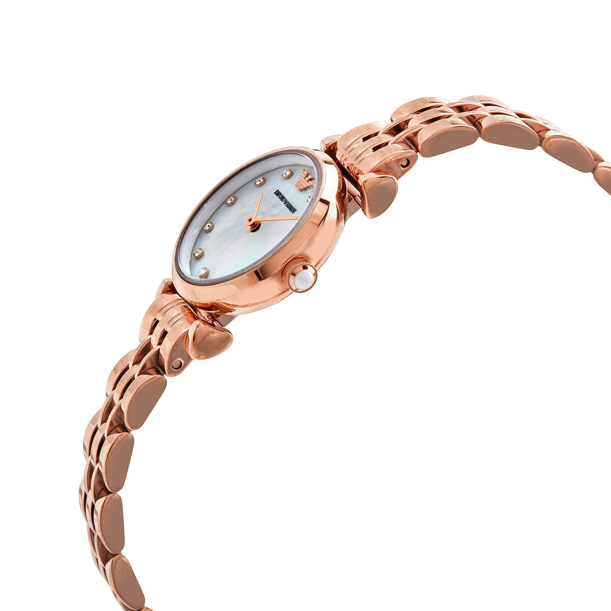 Emporio Armani Gianni T-Bar watch angled view showing rose gold case and three-row bracelet
