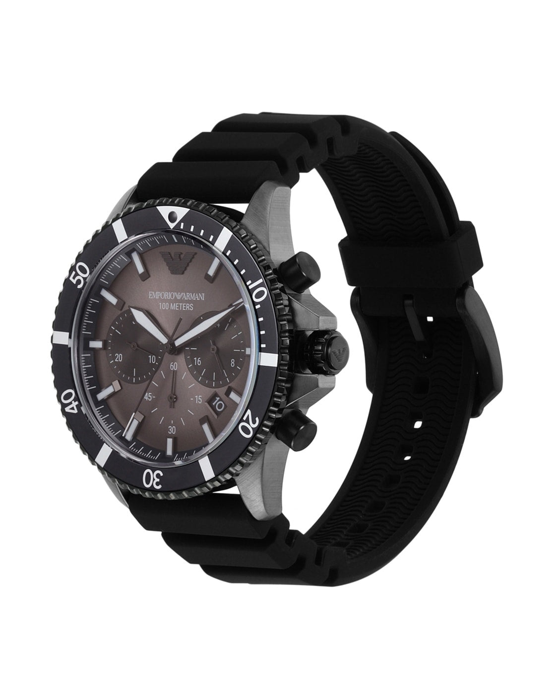 Side angle view of Emporio Armani Mario chronograph watch with black silicone strap