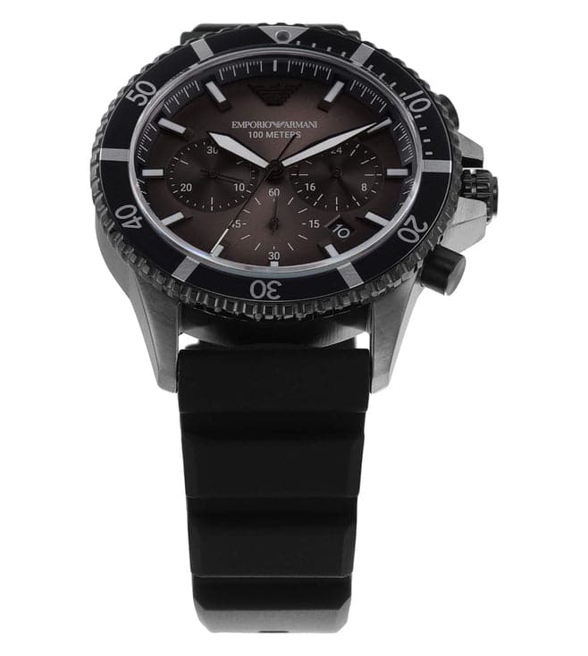 Close-up of black dial with chronograph subdials and white hour markers on Emporio Armani Mario watch
