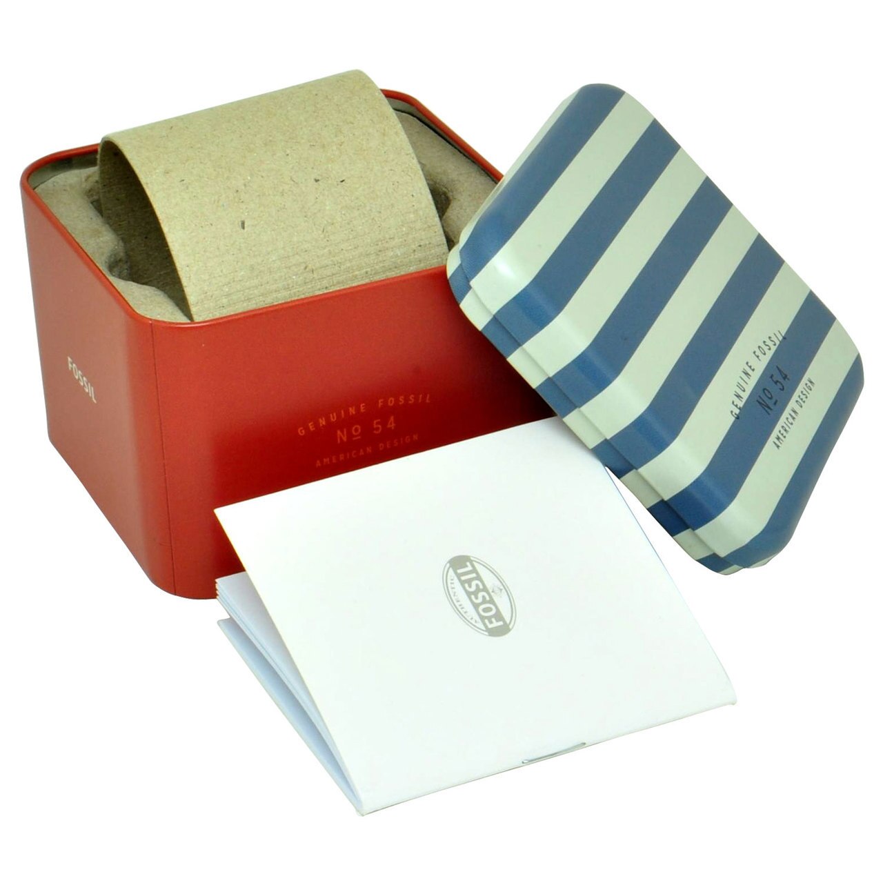 Fossil Grant watch packaging with red box, striped pouch, and documentation